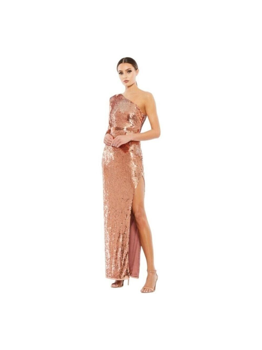 Mac Duggal Cognac Gold Sequin One-Shoulder Gown Size 8